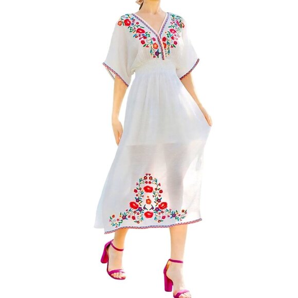 Umgee White Floral Embroidered Smocked Waist Midi Dress Slit Side Size M - Picture 1 of 9